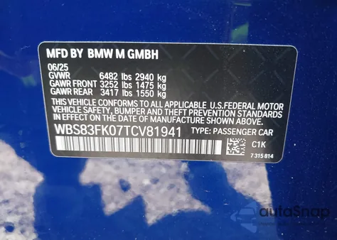2026 BMW M5 z USA, uszkodzony, nr VIN WBS83FK07TCV81941